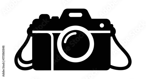 Black and white camera icon with strap.