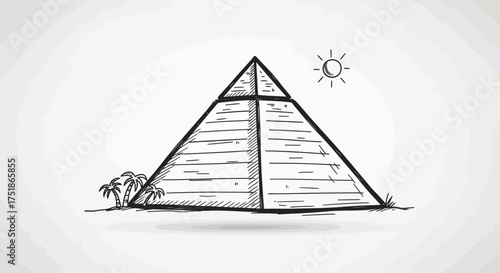 Hand-drawn sketch of an ancient Egyptian pyramid with sun and palm trees.