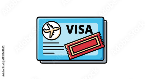 Cartoon Travel Visa Card with Airplane Icon and Ticket.