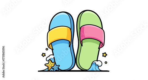 Colorful Beach Flip-Flops with Starfish and Waves.