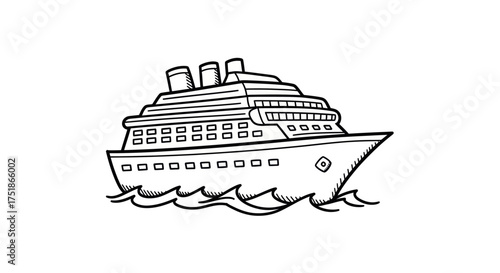 Hand-drawn illustration of a large passenger cruise ship sailing on wavy water.