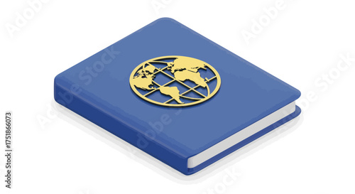 Blue Book with Golden World Map Emblem on Cover.