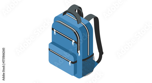 Isometric Blue Backpack with Black Straps and Zippers.