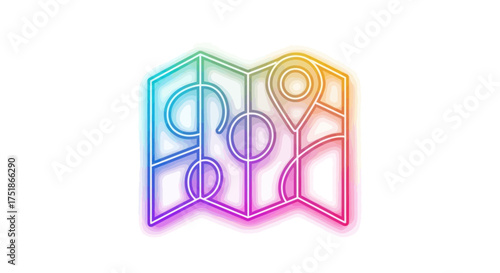 Colorful Neon Outline of a Folded Map with Location Pins.