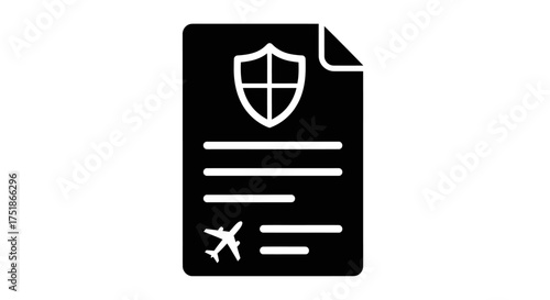 Icon of Travel Insurance Document with Shield and Airplane Symbol.
