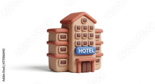 Charming 3D cartoon hotel building icon with HOTEL sign beige and brown colors.