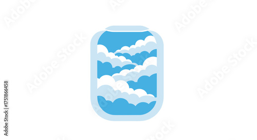 Airplane window view of fluffy white clouds against a bright blue sky.