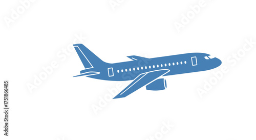 Simple blue passenger airplane icon a stylized commercial jet airliner illustration in flight.