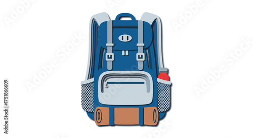 Blue and Gray Hiking Backpack with Attached Gear and Bottle.