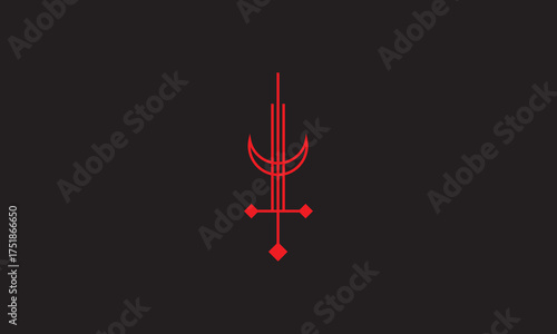 A vector red logo featuring an abstract image: a sword and crescent moon in a linear style, symbolizing strength, mystery, and balance.