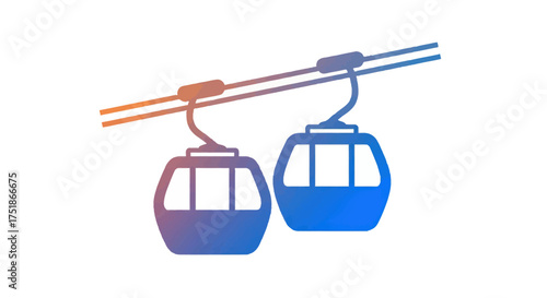 Two modern cable car cabins suspended on a wire gradient colors.
