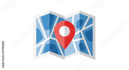 Folded Map with Red Location Pin Icon.