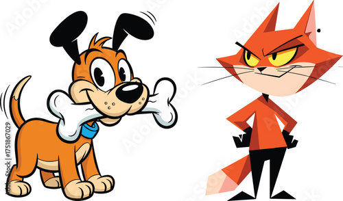 Cheerful Cartoon Puppy Dog Chewing a Large Bone Next to a Sly, Angry Orange Fox Character Vector Illustration Set for Rivalry and Comic Designs.