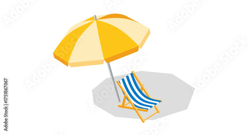 Yellow and White Striped Beach Umbrella with Blue and White Striped Deck Chair.
