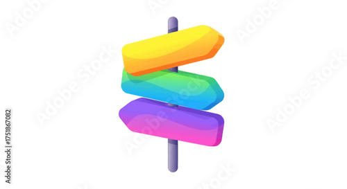 Colorful directional signpost with three arrow-shaped signs pointing in different directions.