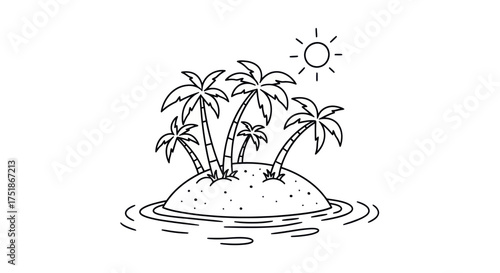 Hand-drawn illustration of a tropical island with palm trees and sun.