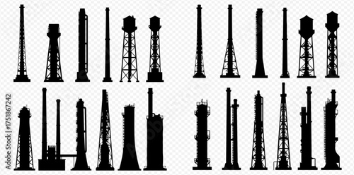 A collection of black silhouettes of various industrial towers, factory chimneys, and water towers isolated on a transparent background.