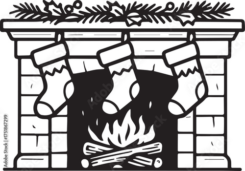 A heartwarming illustration of a cozy fireplace adorned with Christmas stockings. Embracing the spirit of the festive season, the scene evokes a sense of comfort, warmth, and anticipation.