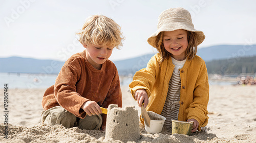 Two kids building detailed sandcastle on beach, enjoying their time together. boy wears orange sweater, while girl is in yellow cardigan, both smiling and focused on their creation