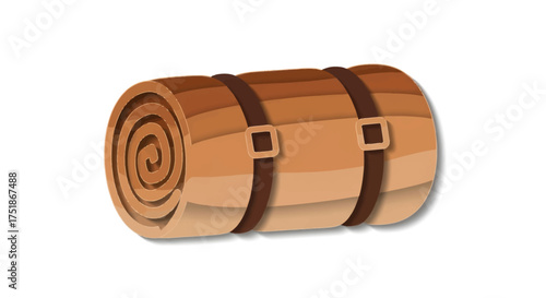 Rolled up sleeping bag with leather straps for camping.