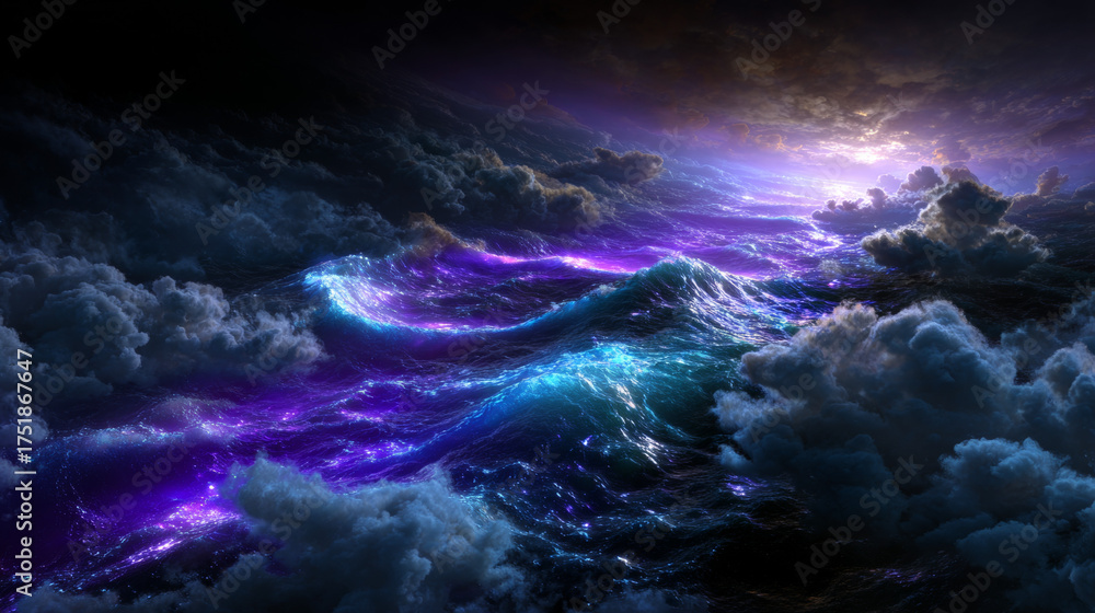 Fototapeta premium Ethereal Stormy Ocean With Vibrant Bioluminescent Purple and Blue Waves Under Dark Clouds