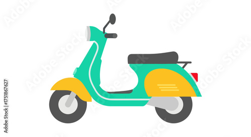 Retro Teal and Yellow Scooter with Black Seat and Chrome Accents.
