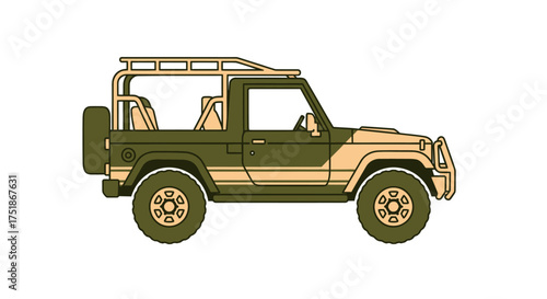 Rugged Off-Road Vehicle with Roof Rack and Spare Tire.
