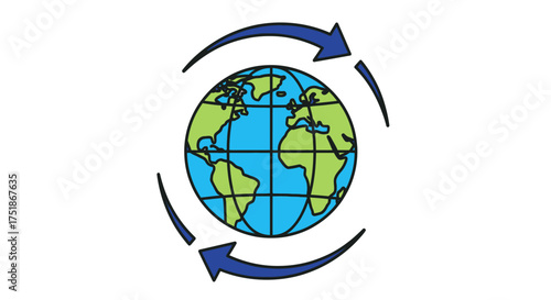 Blue and green Earth globe icon with two curved arrows indicating rotation or a global cycle.