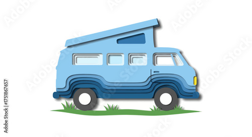 Blue Camper Van with Pop-Up Roof Illustration of a Classic Vehicle.