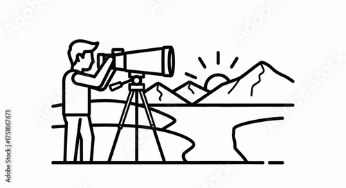 Person observing mountains and sun with a telescope.