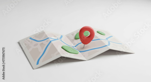 A stylized folded paper map with a prominent red location pin marking a specific destination point.