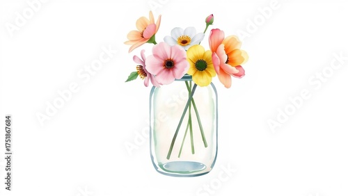 Wallpaper Mural Watercolor illustration of blooming flowers in a transparent glass jar, soft colors and delicate artistic style. Torontodigital.ca