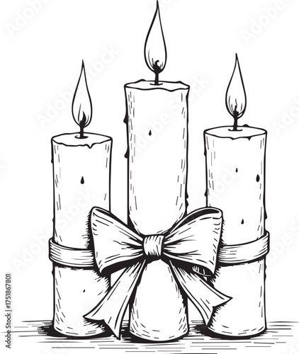 Three elegant candles stand side by side, each with a flickering flame, adorned with a decorative bow. The image has a serene ambiance. 