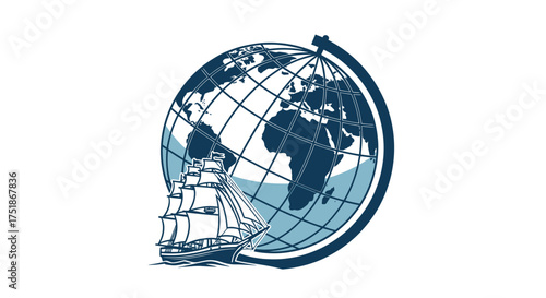 A vintage illustration of a tall sailing ship navigating a terrestrial globe.
