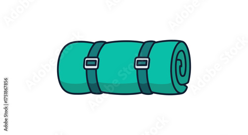 Rolled up green sleeping mat with straps for camping.