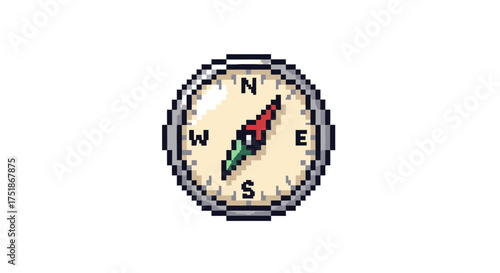 Pixelated Vintage Compass with Red and Green Needle.