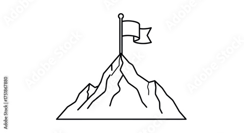 Simple Black and White Mountain Peak with Flag.