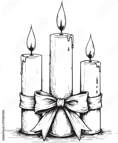 Three lit candles are decorated with a elegant bow in this classic black-and-white illustration, a timeless display of serenity and peace. 