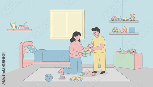 Parents tidying a childs colorful bedroom organizing toys for a clean happy space