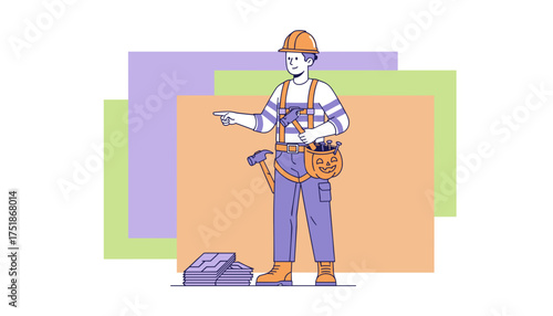Craftsman with hard hat hammer and Halloween tool belt pointing Home repair construction or seasonal work