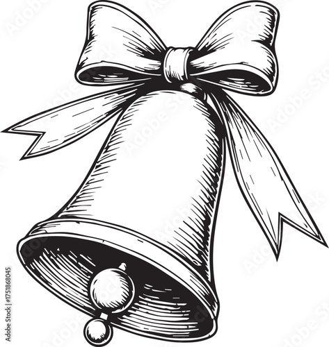 An intricate monochrome illustration of a christmas bell adorned with a lavish ribbon, capturing the spirit of festive cheer and timeless elegance.