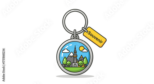 Cartoon Keychain Souvenir Featuring a European Cityscape with a Castle and Trees.