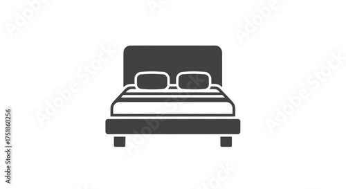 Minimalist Dark Gray Bed Icon with Headboard and Striped Bedding.