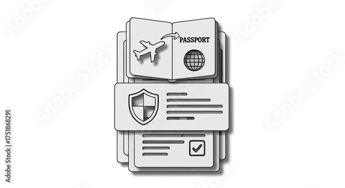 Stack of Travel Documents with Passport and Security Icons.