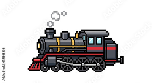 Pixelated Steam Train Engine with Smoke Black and Red Color Scheme.