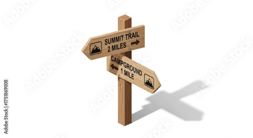 Wooden hiking trail signpost with directions to summit and campground.