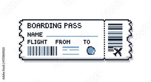 Pixel Art Boarding Pass for Air Travel and Flight Journey.