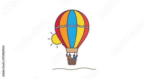 Colorful cartoon hot air balloon with passengers flying in the sky next to the sun.