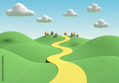 Whimsical Winding Yellow Path Leading to Small Houses on Green Hills