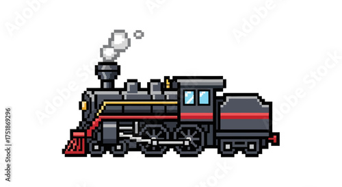 Pixel Art Steam Train with Smoke Black and Red Locomotive.